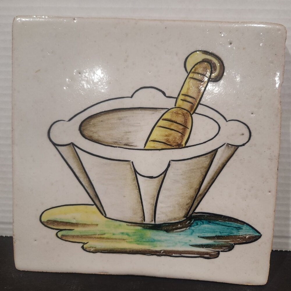 Vintage Kitchen ClayTile Hand Painted with a Mortar & Pestle Grazed 8.25"